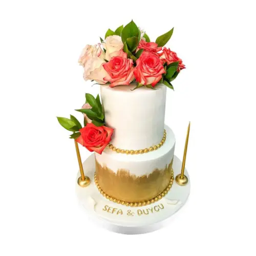 Gold Güllü Nişan Pastası